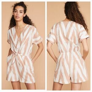 Lou & Grey Loft Chevron Romper V-neck Cotton Short Sleeve Pockets Women Size M
